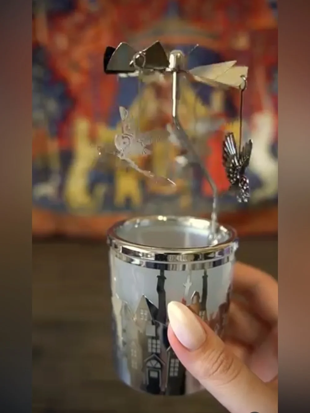 Silver Rotating Tealight Candle Holder with Hanging Owl Charms - Harry Potter
